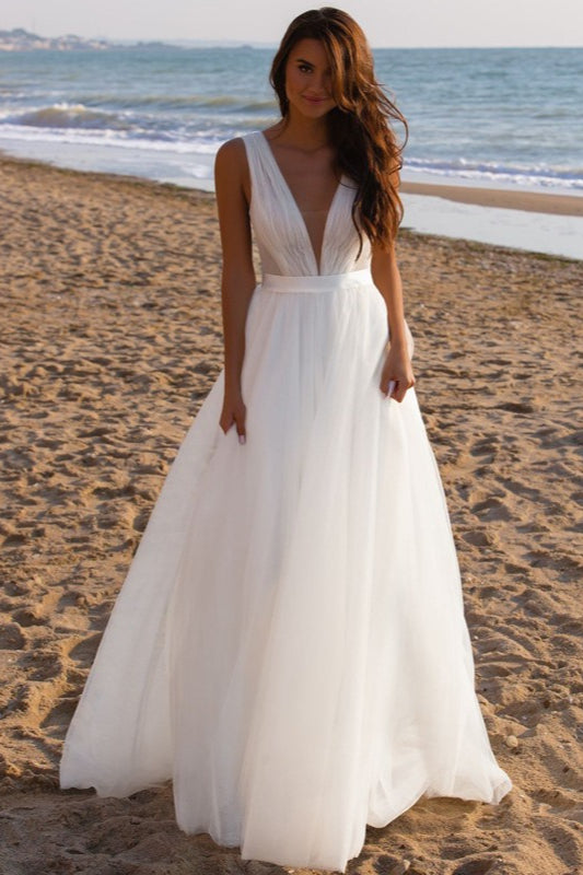 Elegant Minimalist Deep V Backless Reception Dress