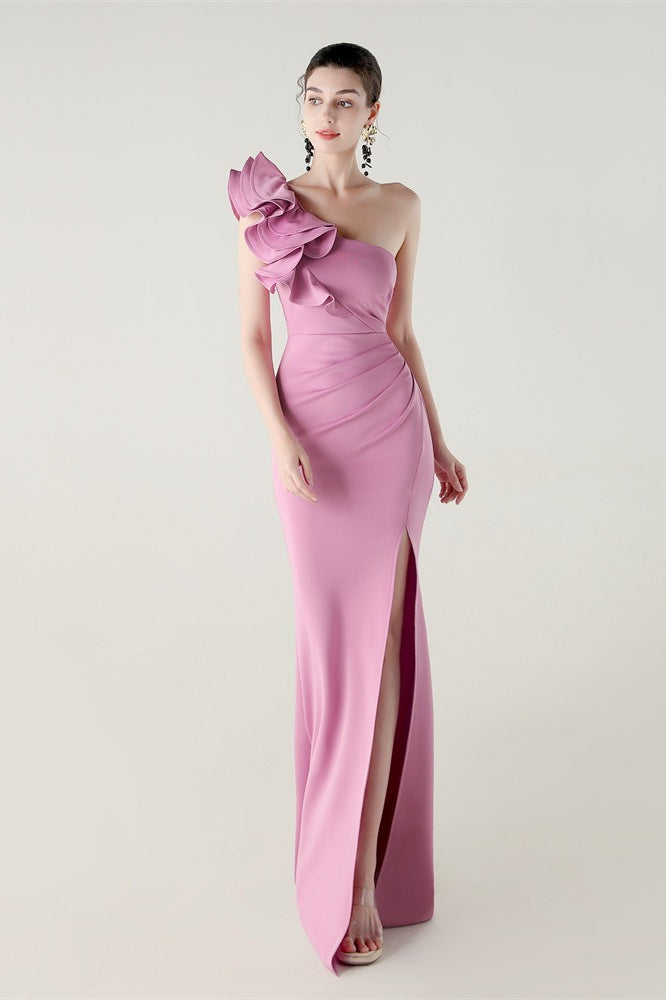 Ruffled Floral One Shoulder Satin Party Dress