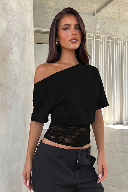Asymmetric Off Shoulder Lace Waist Slim Crop T-shirt