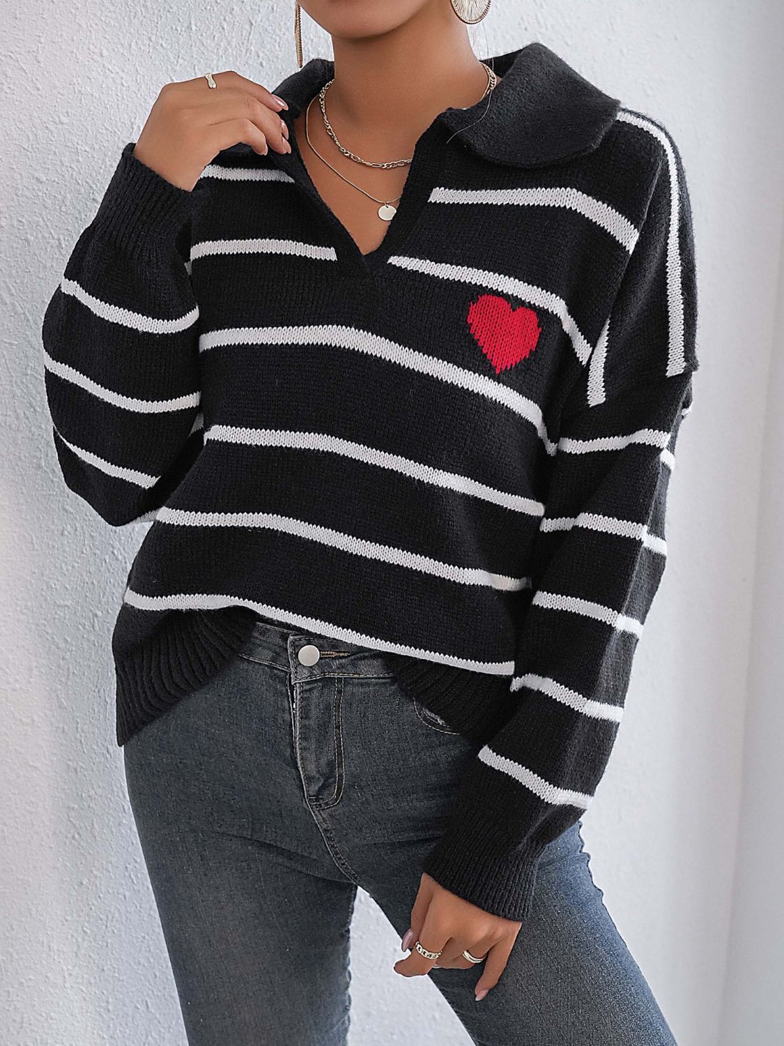 Regine | Striped long-sleeved sweater with Johnny collar