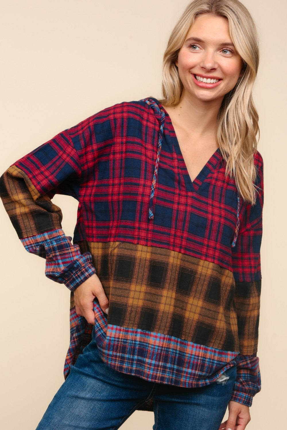 Hildegard | Haptics hooded top with checked trim and cut detail
