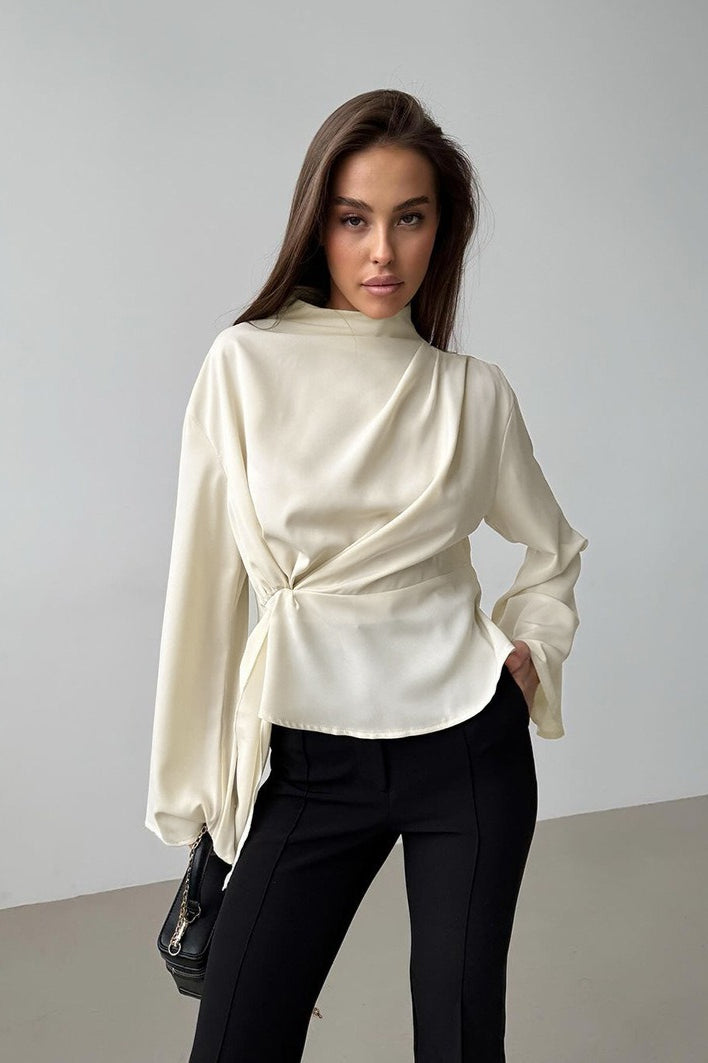 Chiffon Tie Waist Stand Collar Long Sleeve Tee
