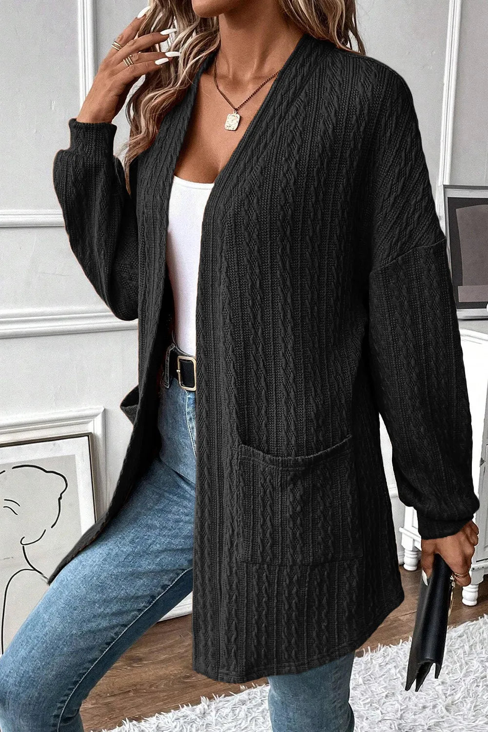 Wendy | Structured open front long sleeve cover with pockets