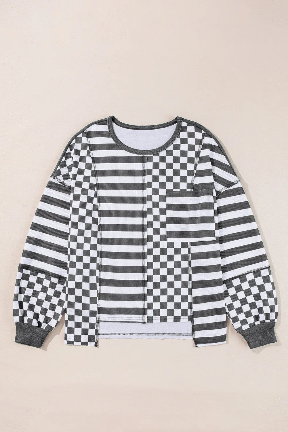 Hannah | Checked and striped long-sleeved blouse with a round neckline