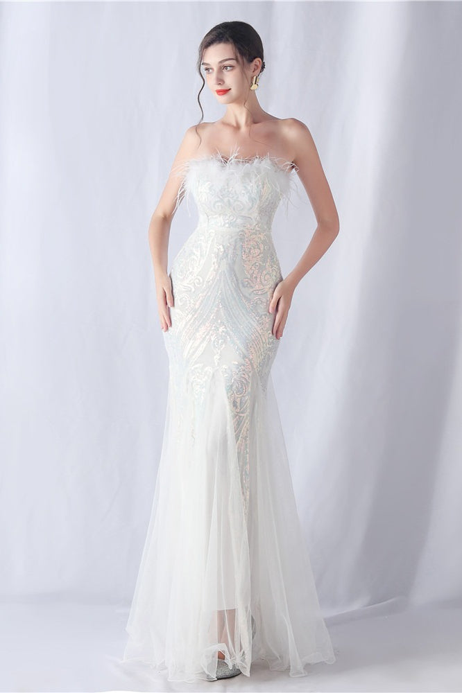 Ostrich Feather Sequin Evening Party Dress