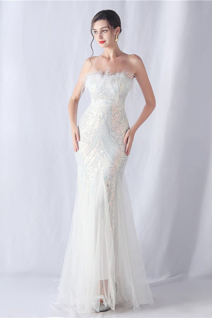 Ostrich Feather Sequin Evening Party Dress