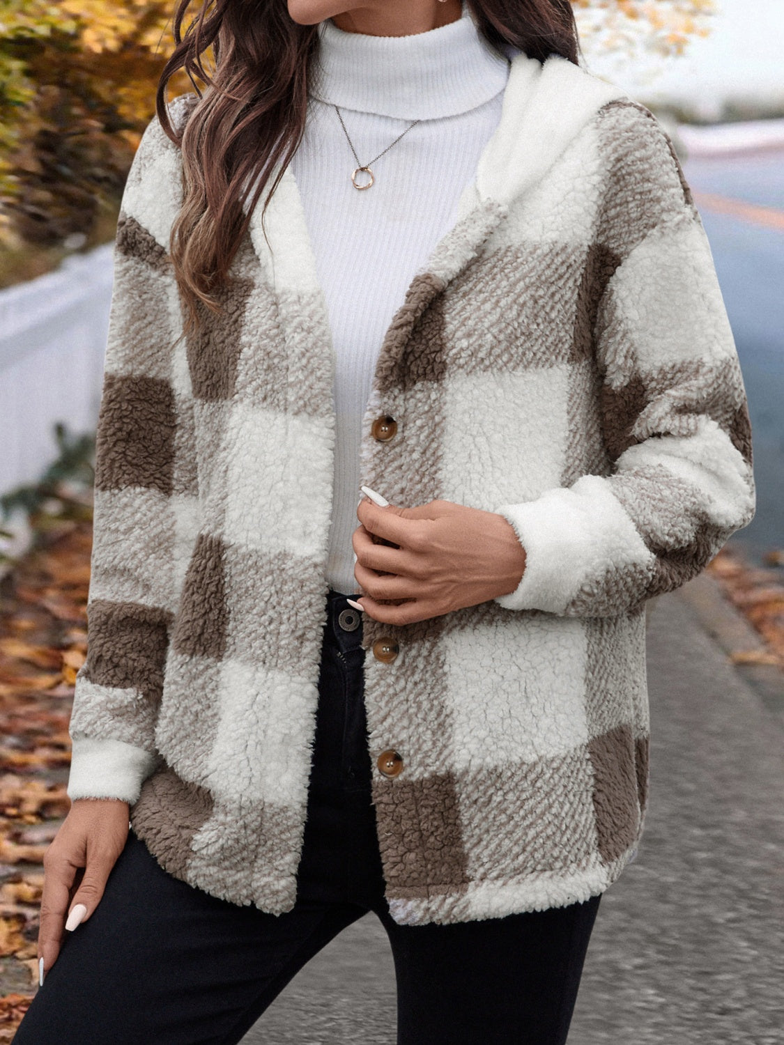 Ursula | Fluffy checked hooded jacket with buttons