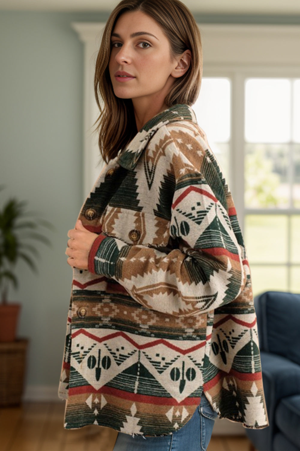 Lea | Geometric long sleeve button down jacket