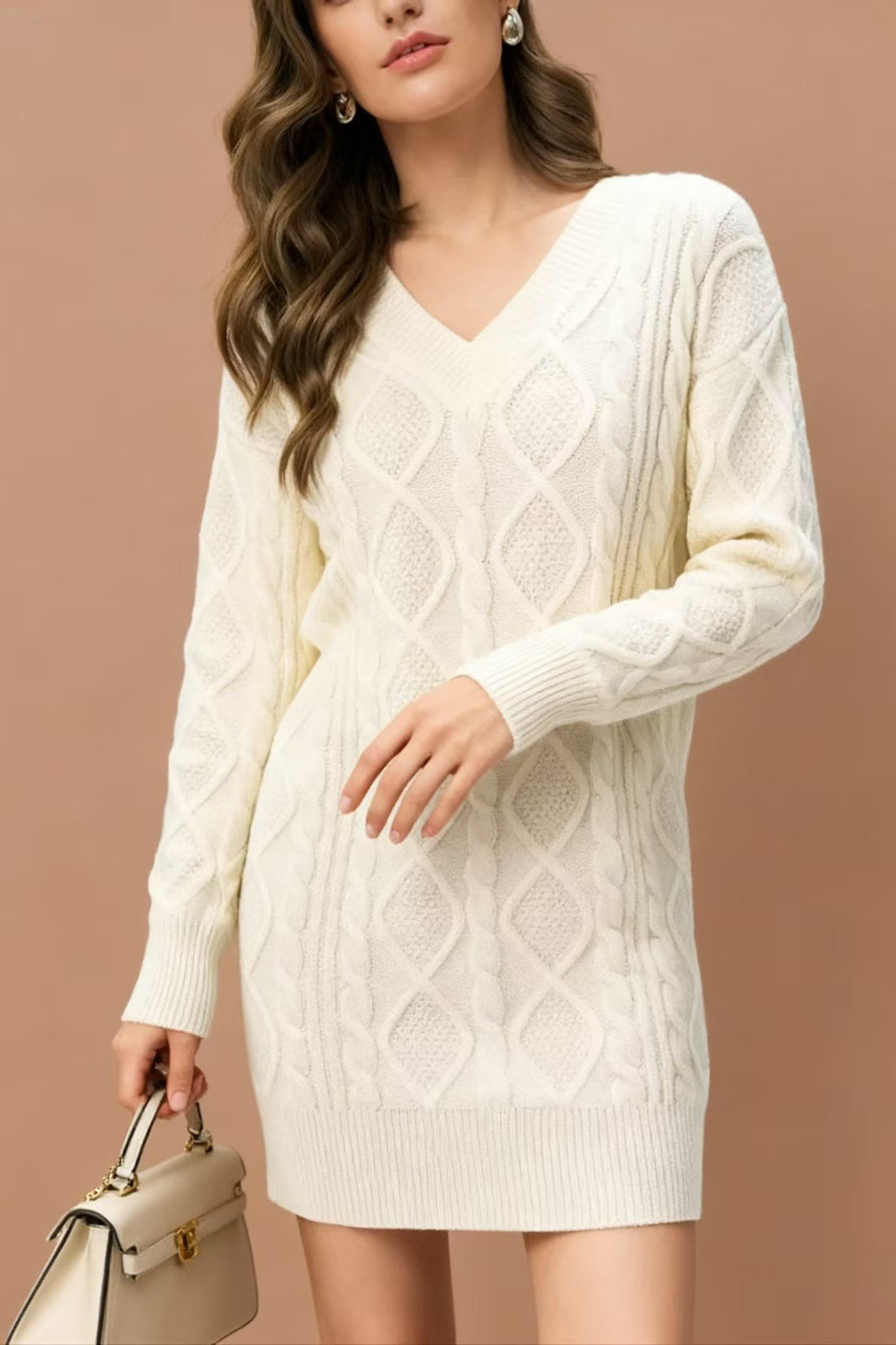 V-Neck Solid Cable-Knit Sweater Mini Dress