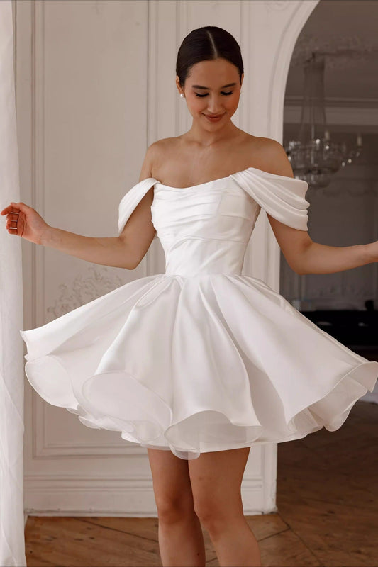 Minimalist Off Shoulder Tie Back Tulle Reception Dress