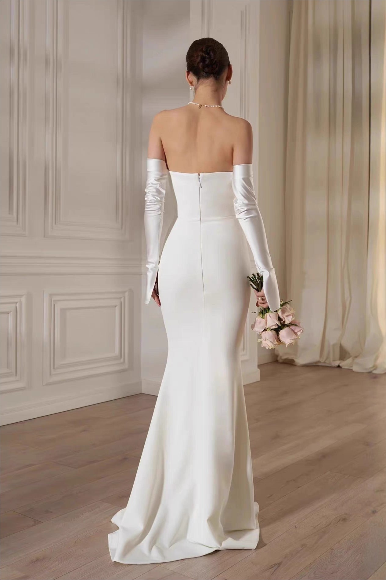 Minimalist Elegant Ruched Satin Mermaid Reception Dress