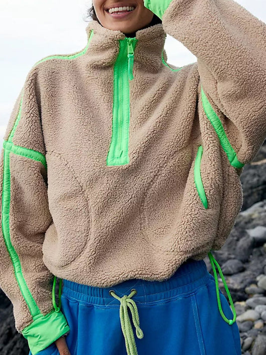Malena | Long sleeve plush drawstring sweatshirt with contrast half zip