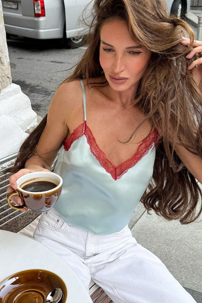 Casual Sexy Cyan Lace Trim Cami Top