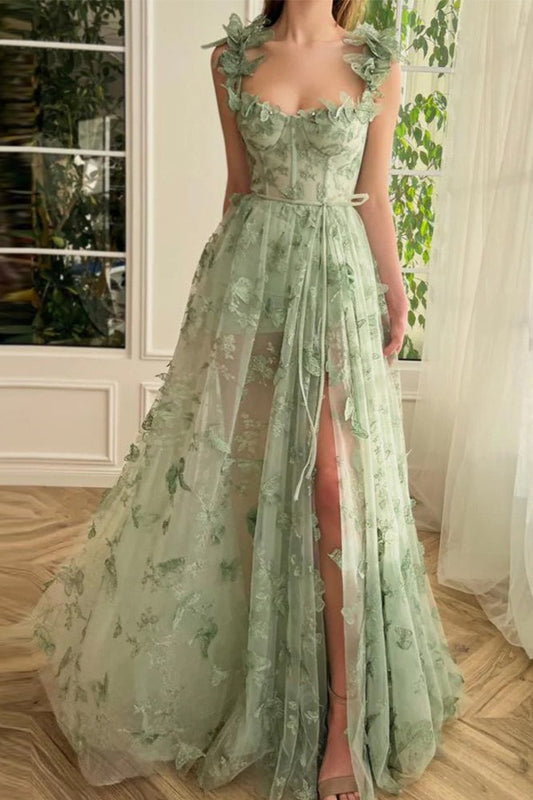 Sheer Tulle Spaghetti Strap High Slit Party Dress