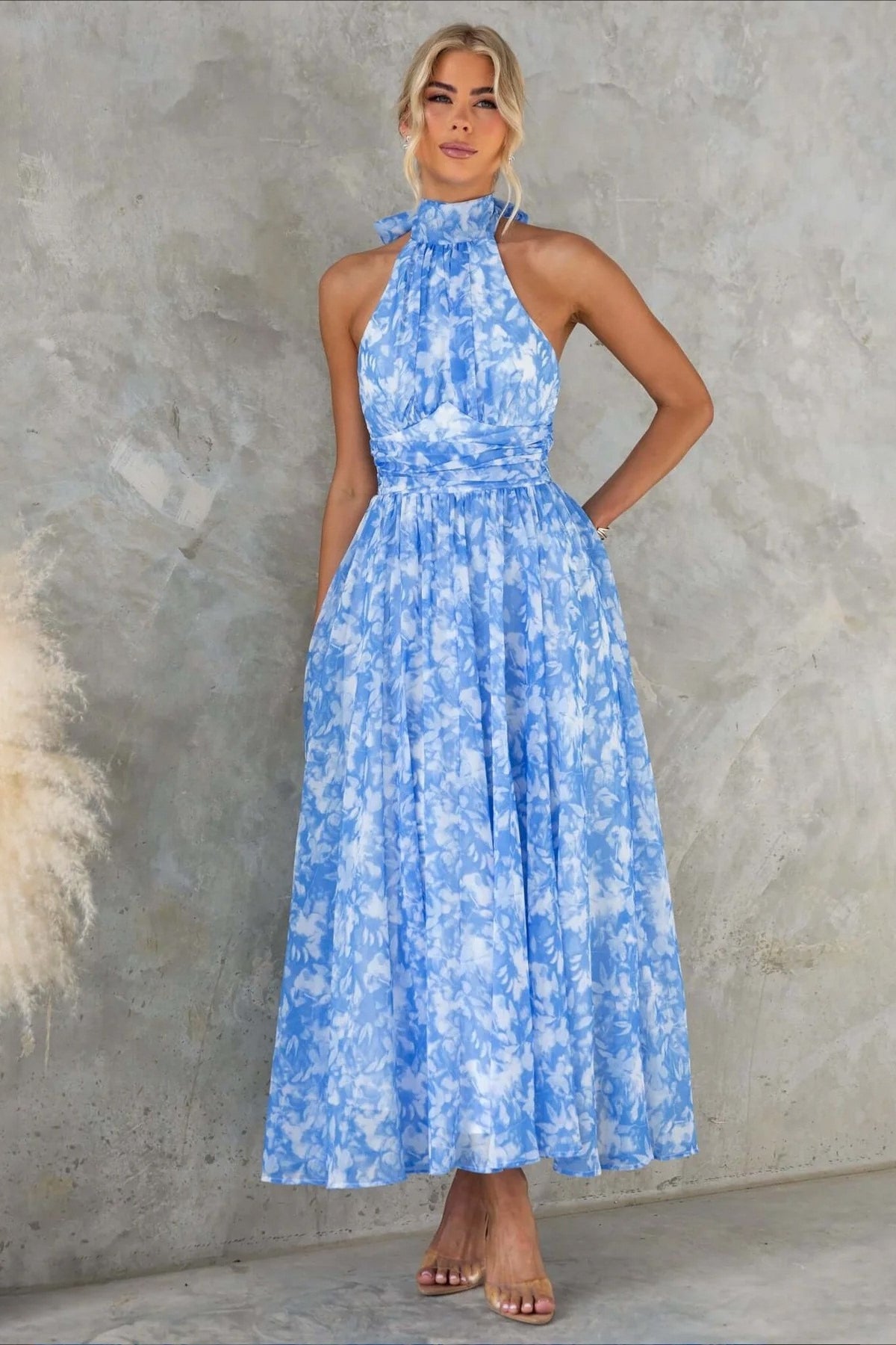 Sleeveless Floral Halter Backless Midi Dress