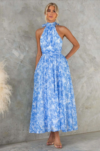 Sleeveless Floral Halter Backless Midi Dress