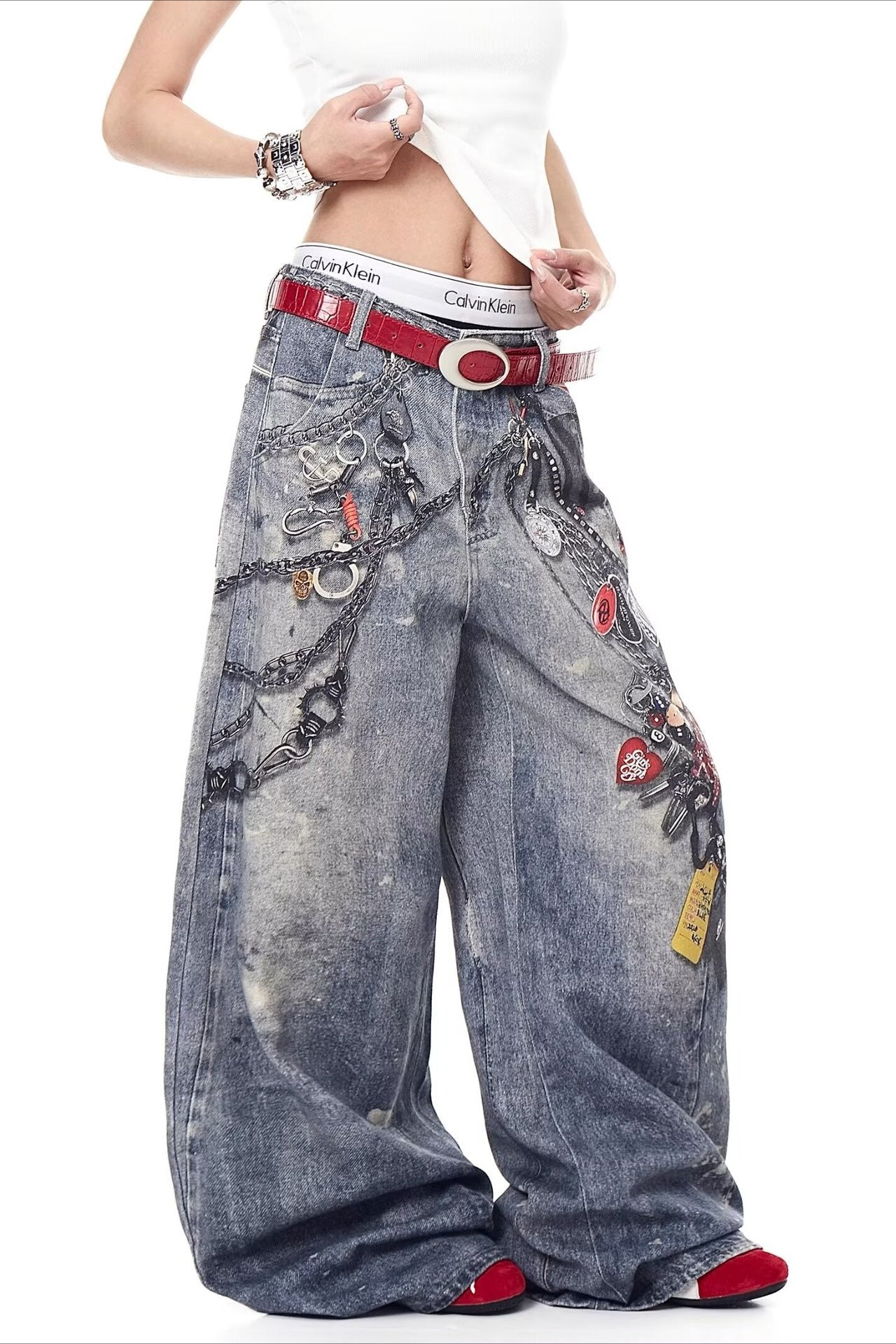 High Street 3D Chain Print Loose Wide Leg Jeans