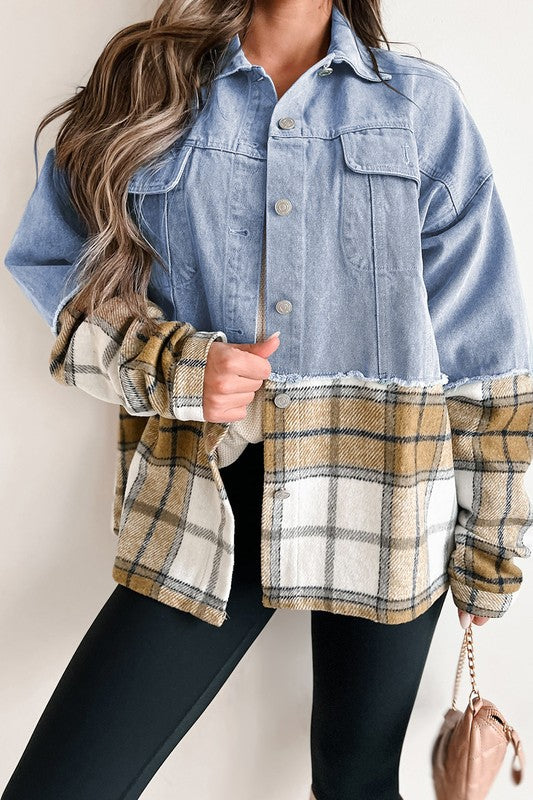Catalina | Oversized plaid patchwork denim jacket with buttons