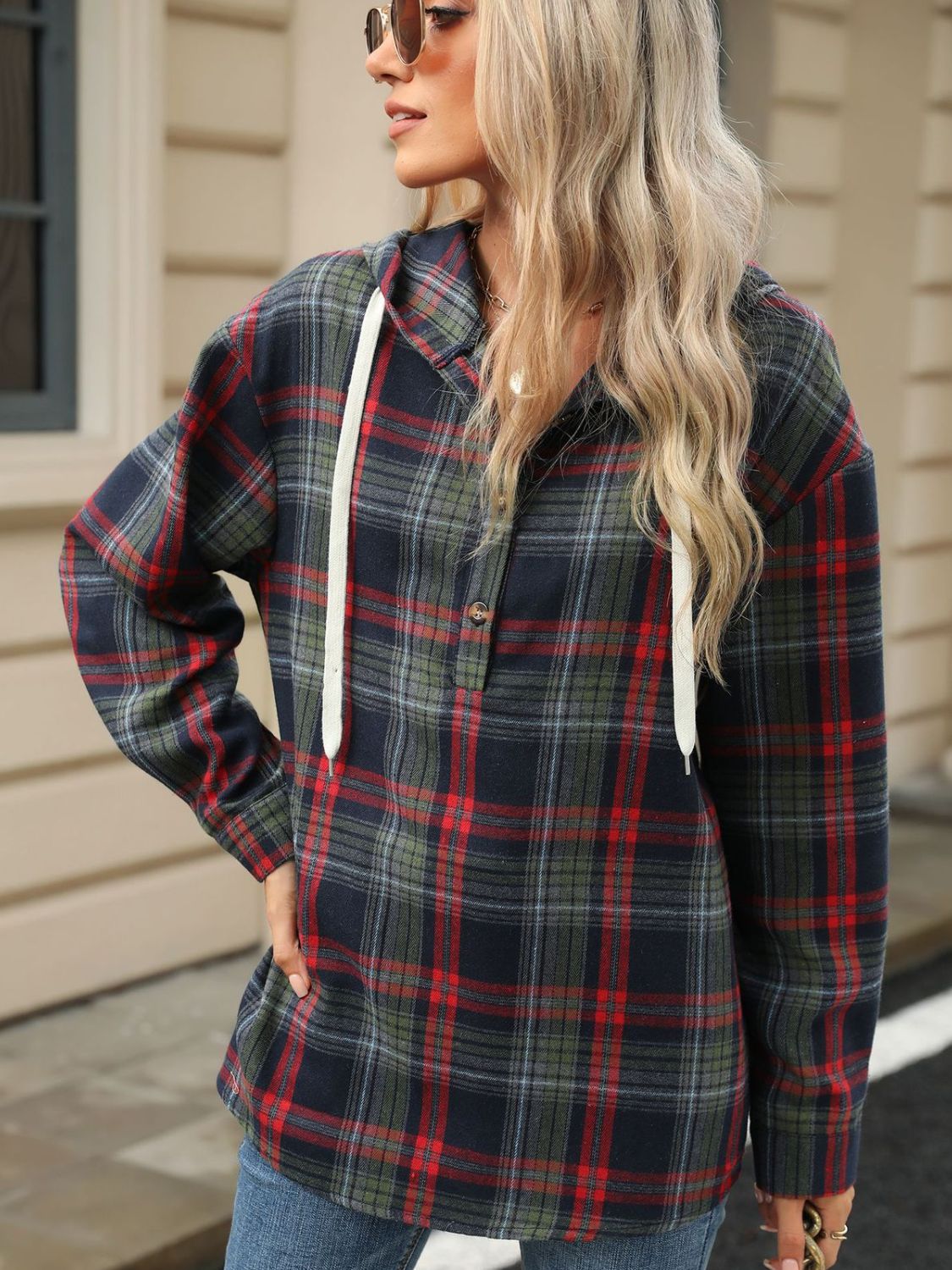 Nathalie | Long sleeve top with drawstring and checked hood