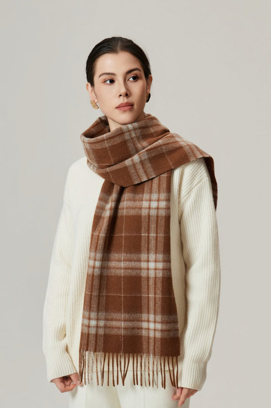 100% Wool Plaid Fringed Minimalist Scarf