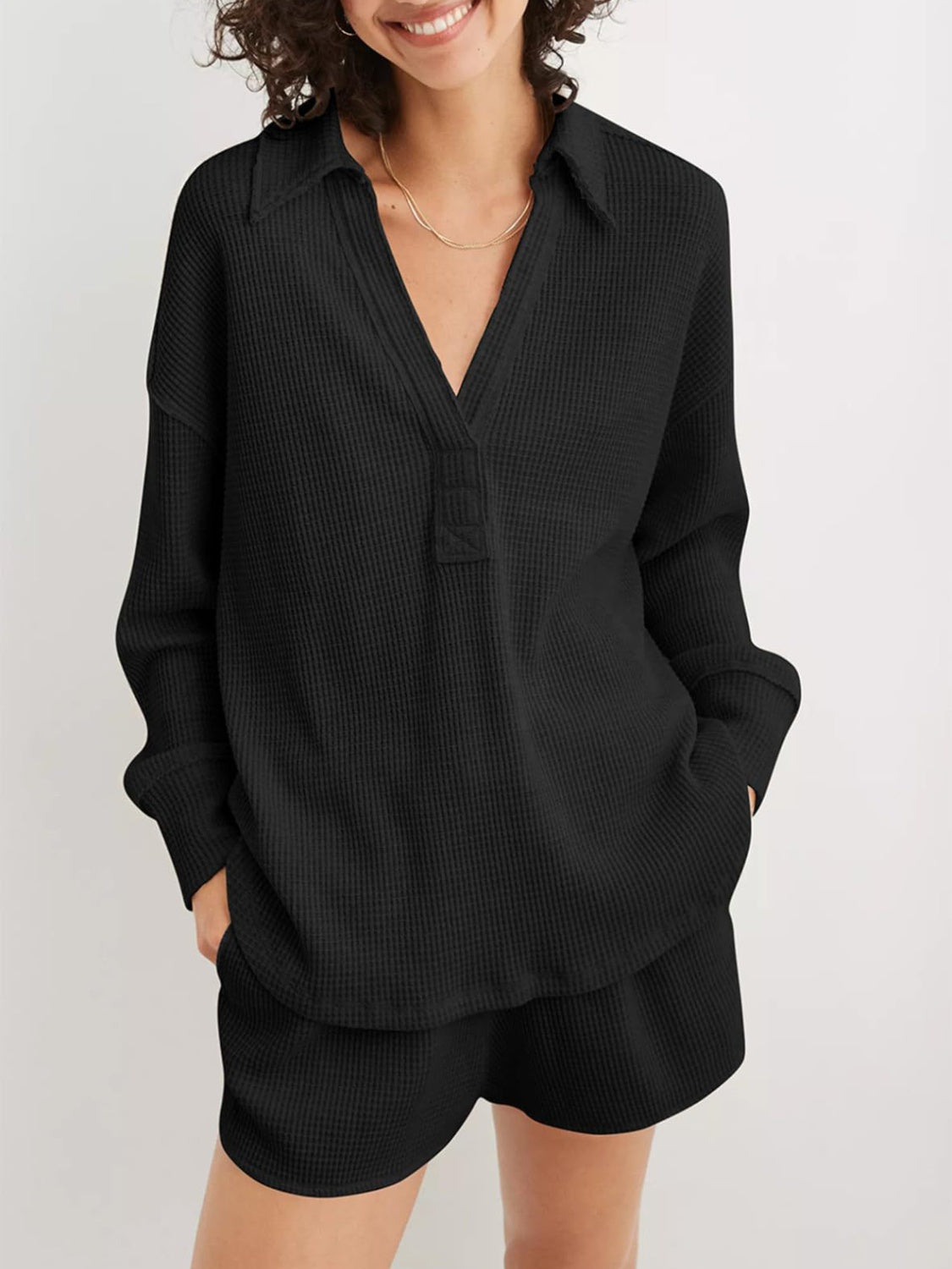 Johanna | Long sleeve waffle knit johnny collar sweatshirt