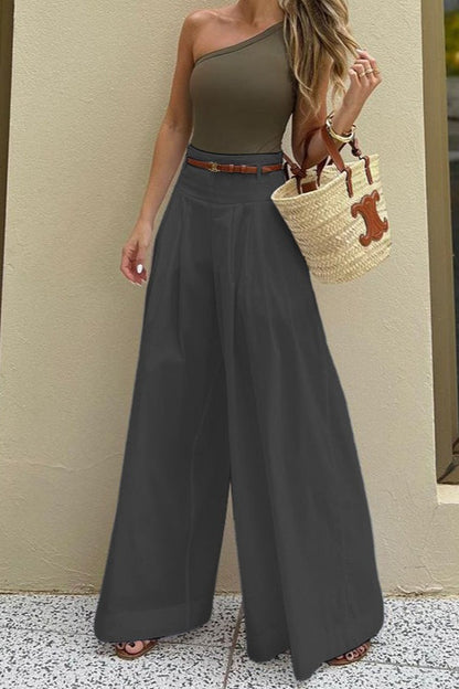 Solid Ruched High-Waisted Wide-Leg Pants