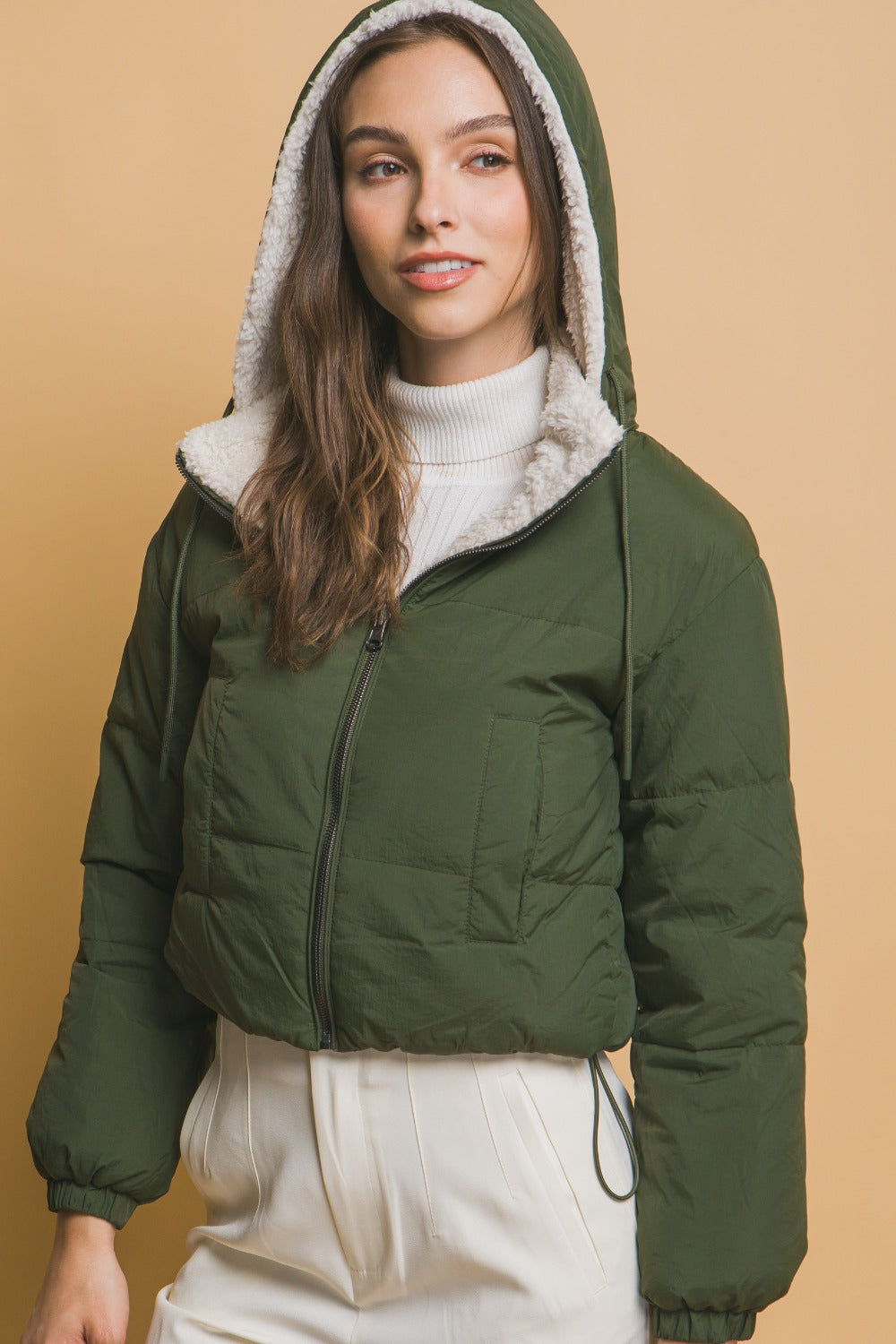 Kimberly | Love Tree cropped reversible hooded zip-up sherpa jacket