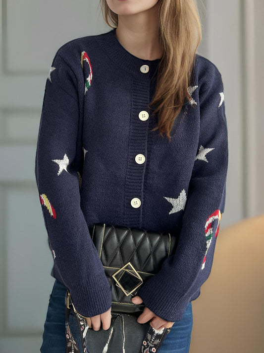 Justina | Candy Cane & Star button-front long-sleeved cardigan.