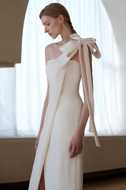 Satin Minimalist Bow High Slit Reception Dress