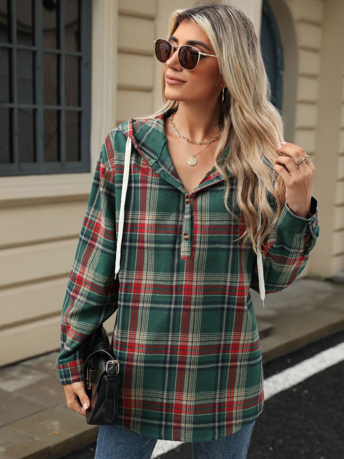 Nathalie | Long sleeve top with drawstring and checked hood
