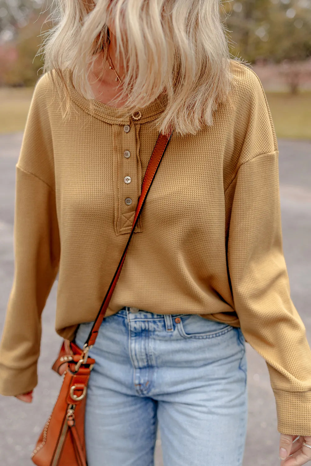Jutta | Half button waffle knit crew neck top