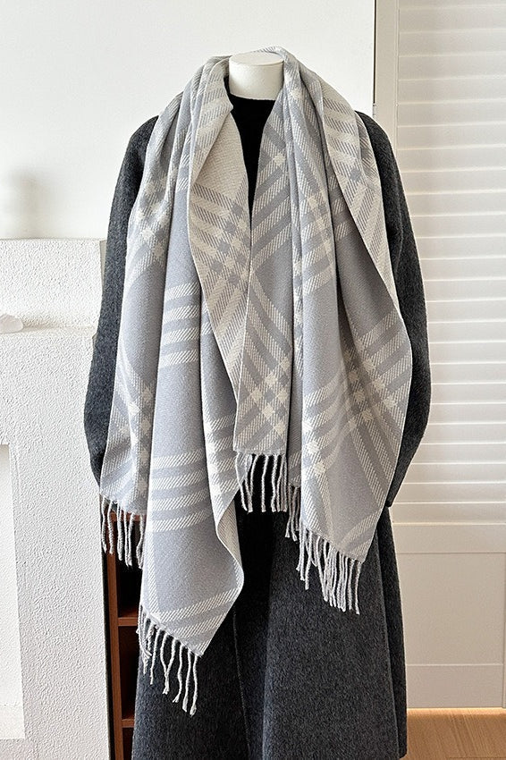 Double Faced Checkered Fringe Scarf