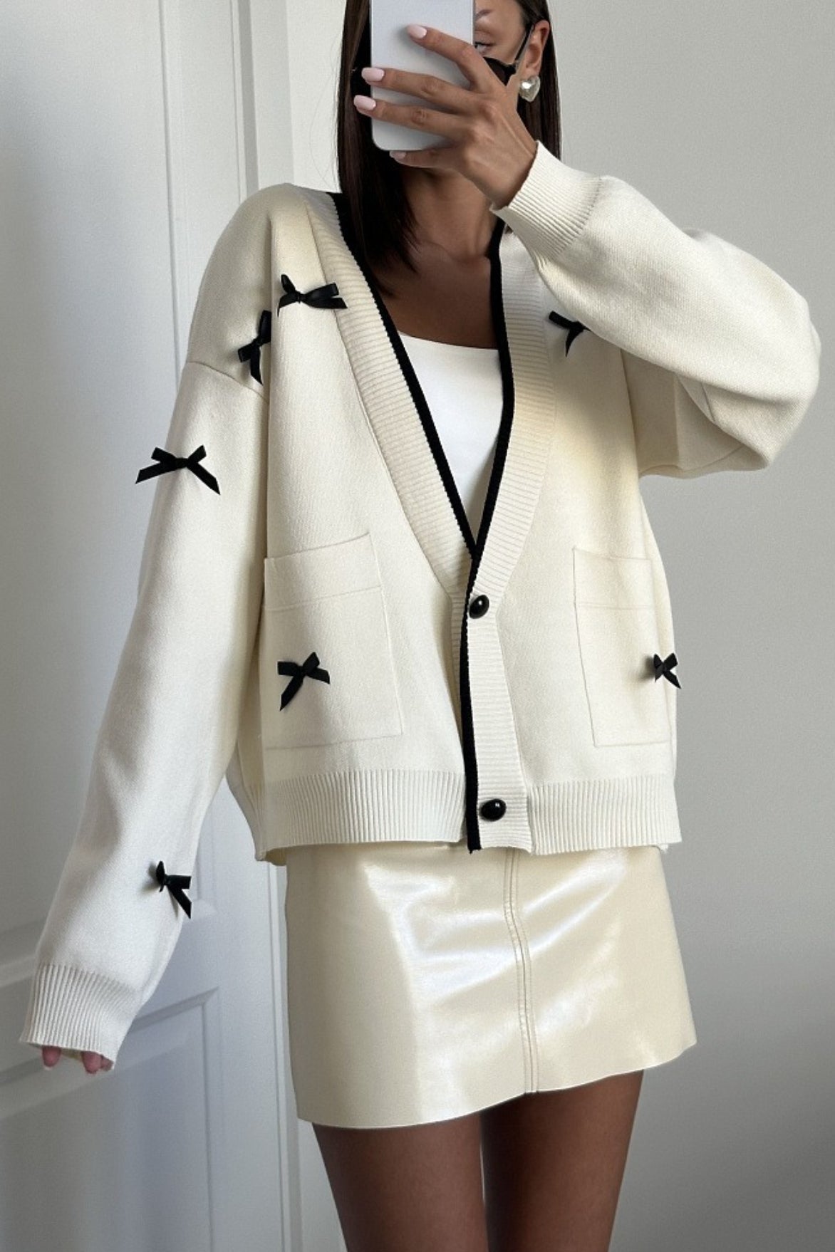 V Neck Bow Color Block Long Sleeve Knit Cardigan