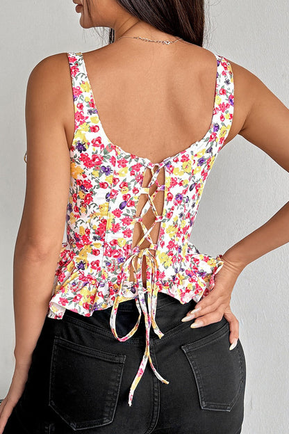 Floral Tie Adjustable Boned Ruffled Tank Top