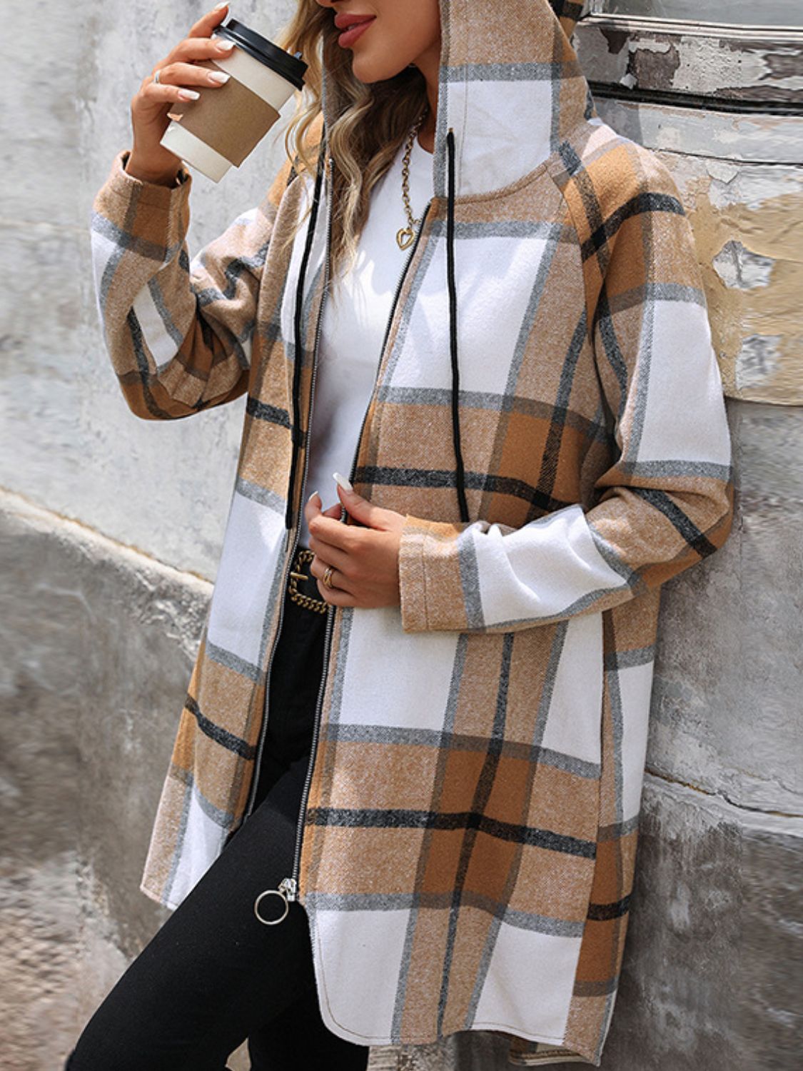 Lorena | Long sleeve hooded outerwear with drawstring and check zip