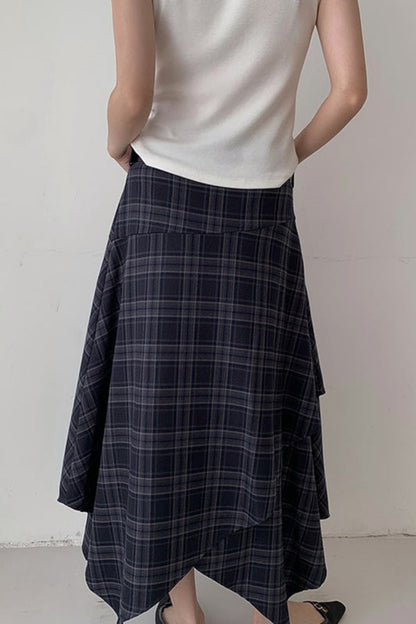 Asymmetric Plaid Midi Skirt