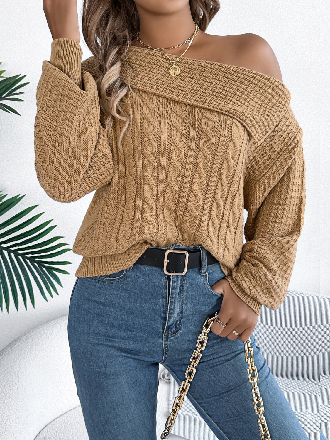 Olivia | Long sleeve cable knit sweater with one shoulder