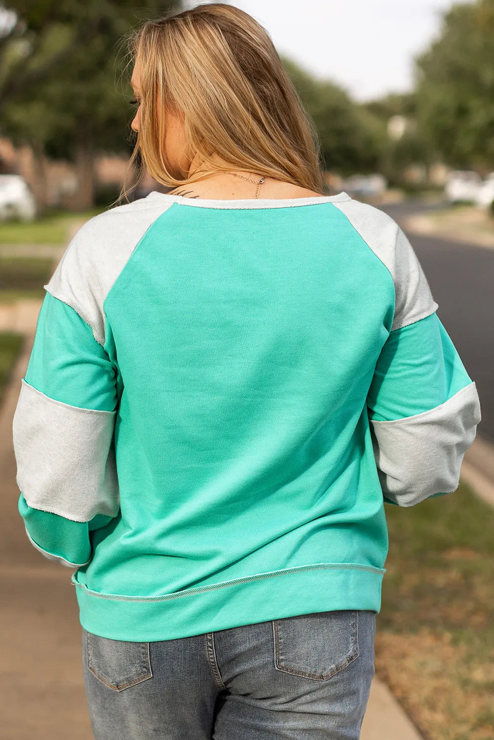 Elena | Plus size color block long sleeve sweatshirt with exposed seams