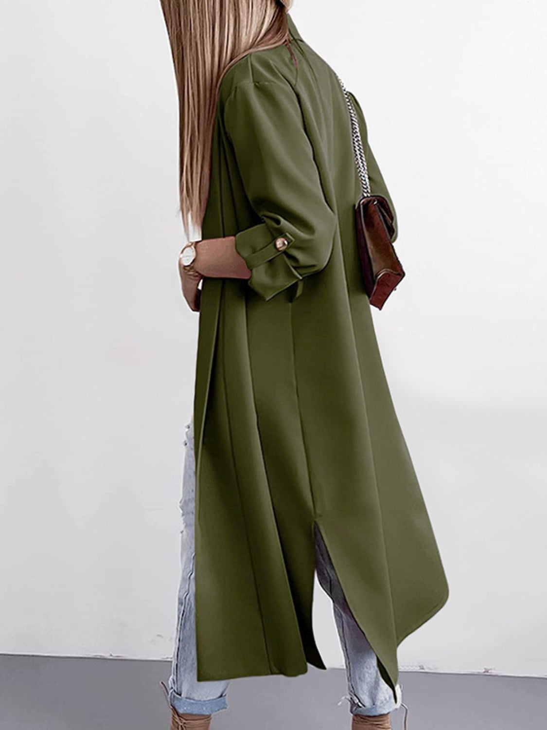 Marianna | Slit trench coat with roll tab sleeves open at the front