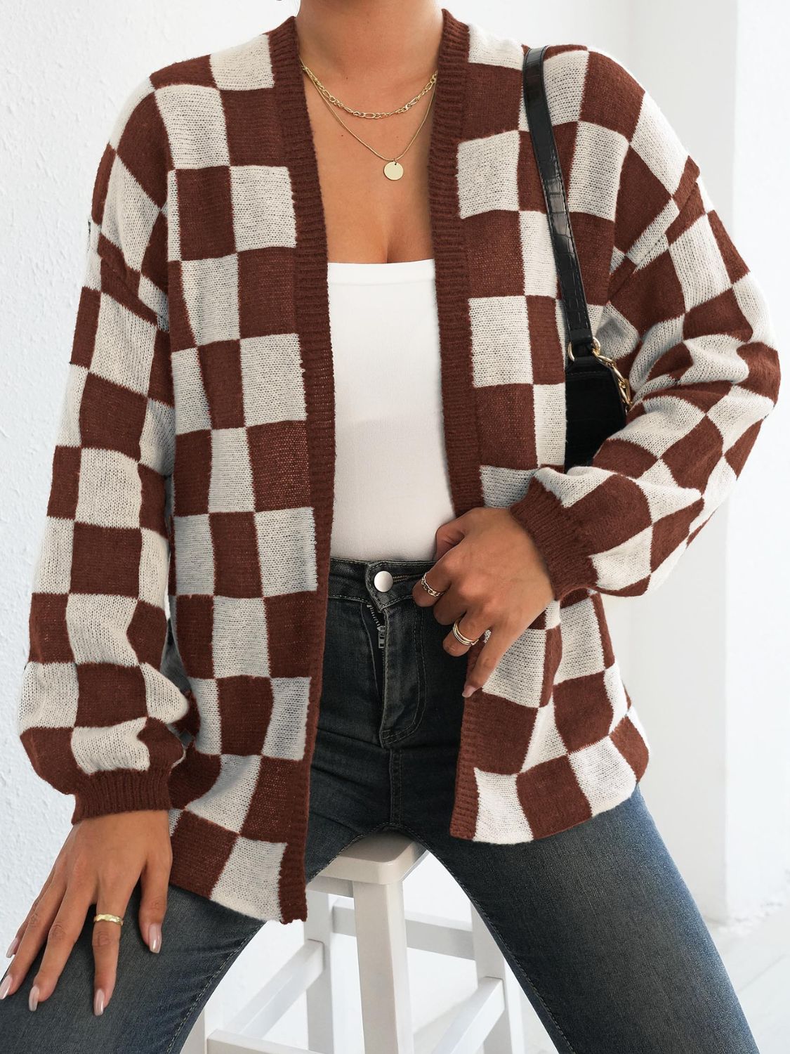 Carolina | Checked open front long sleeve cardigan