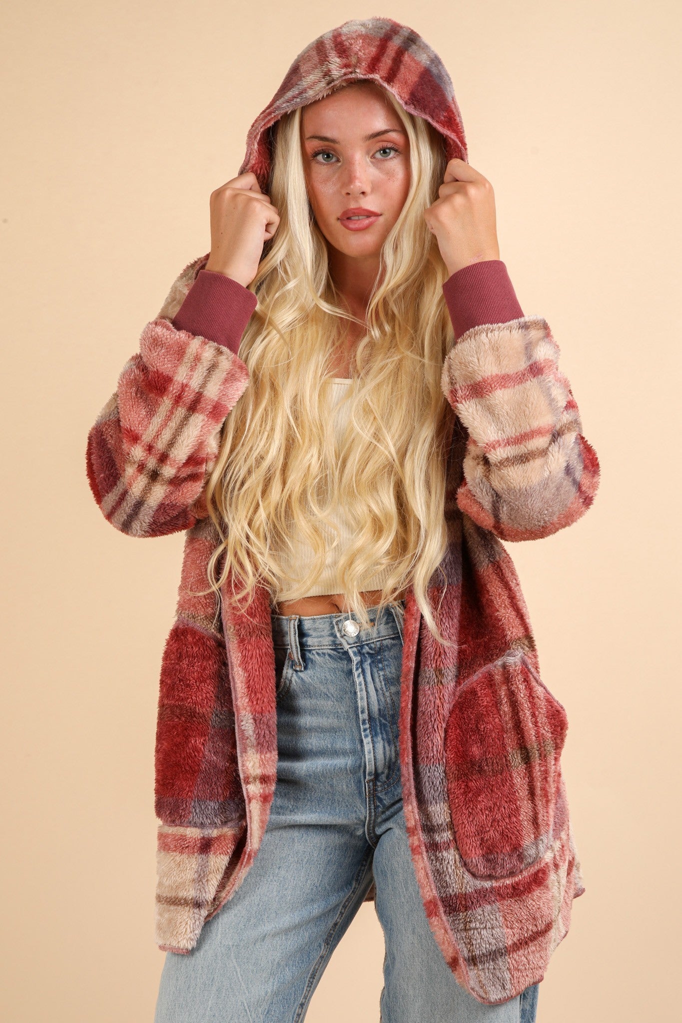 Paloma | VERY J Fuzzy Plaid Long Sleeve Hooded Jacket
