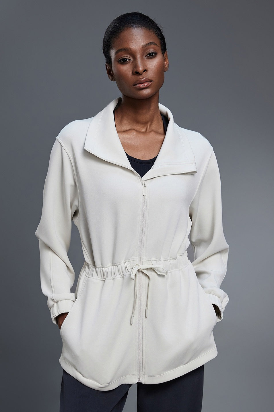 Air Layer Stand Collar Drawstring Waist Mid Length Jacket