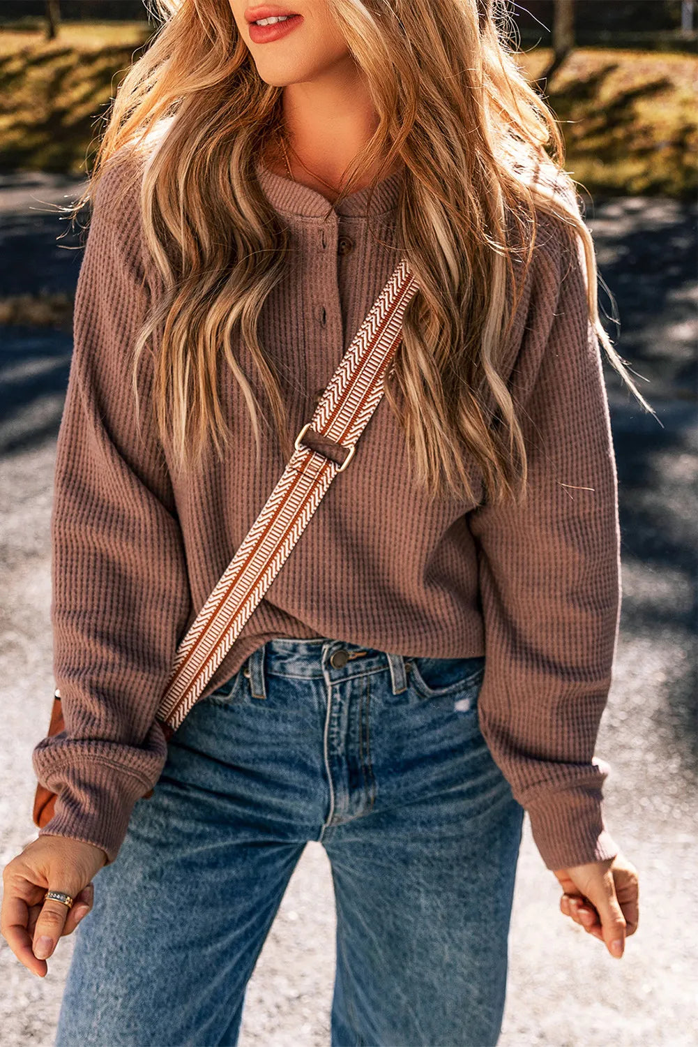 Annabelle | Waffle knit long sleeve blouse with a crew neck
