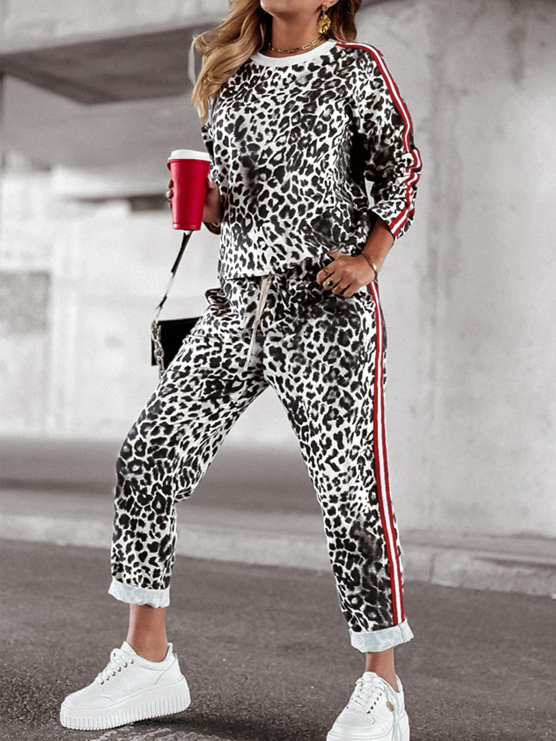 Araceli | Leopard print round neck long sleeve top and trousers set