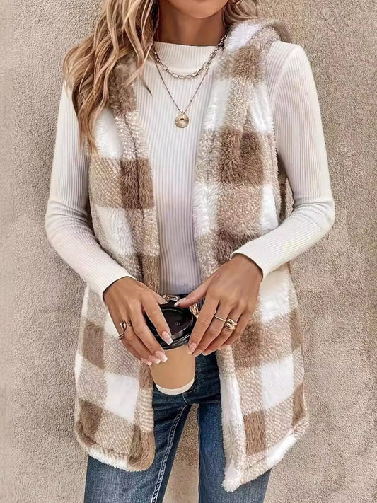 Esther | Fluffy checked vest coat with hood
