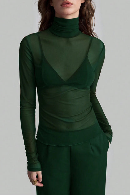 Stand Collar Solid Mesh Slim Fit Long Sleeve Tee