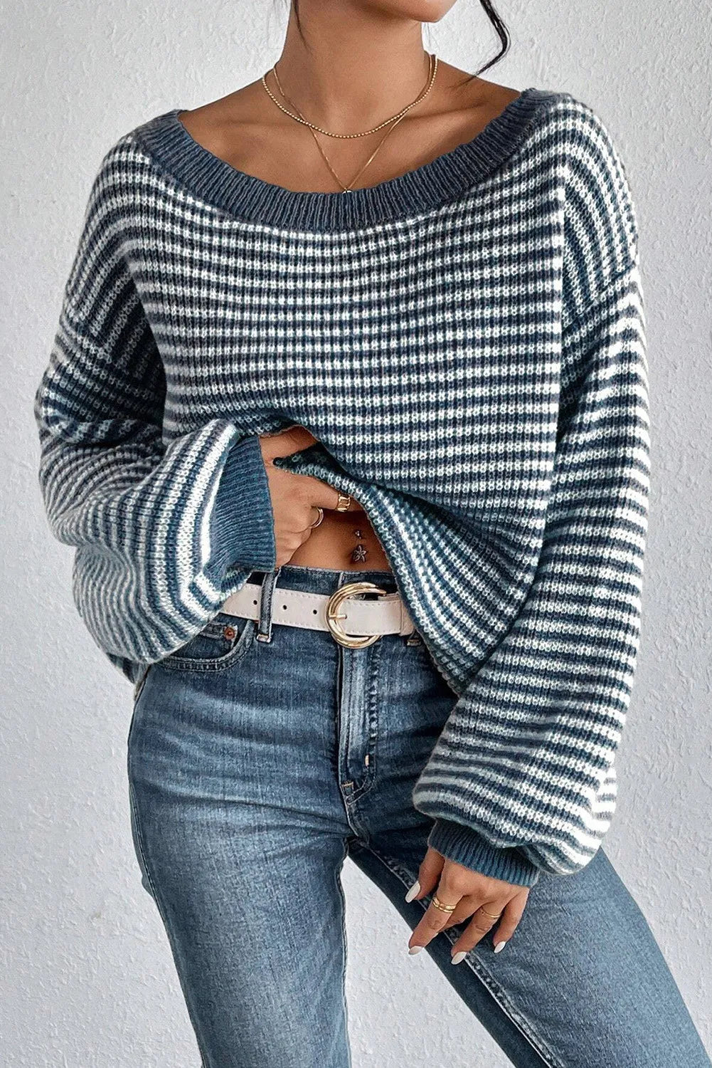 Stefania | Striped crew neck sweater with dropped shoulders