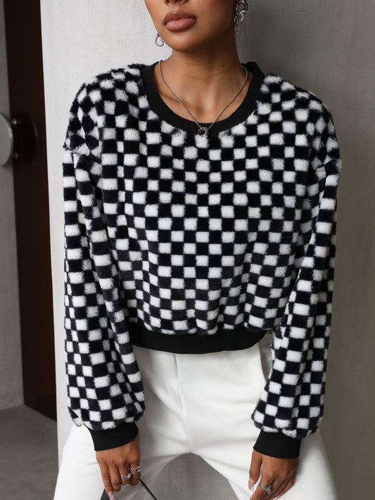 Tatjana | Checked long-sleeved crew neck sweatshirt
