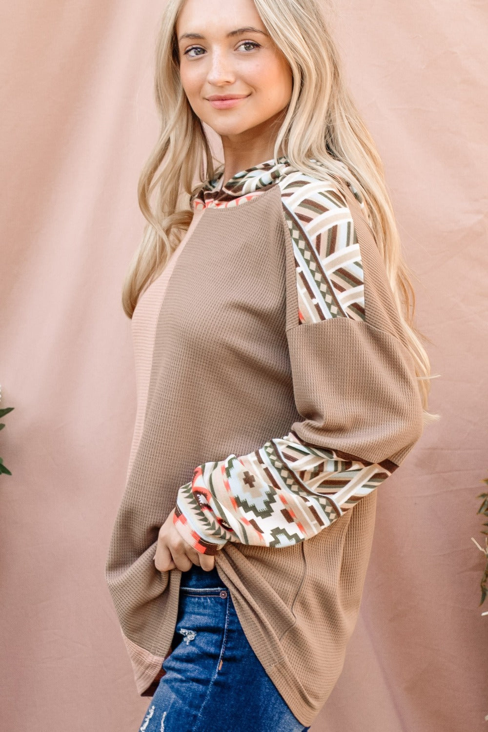 Hanna | And the “Why” printed hooded waffle top with color block design