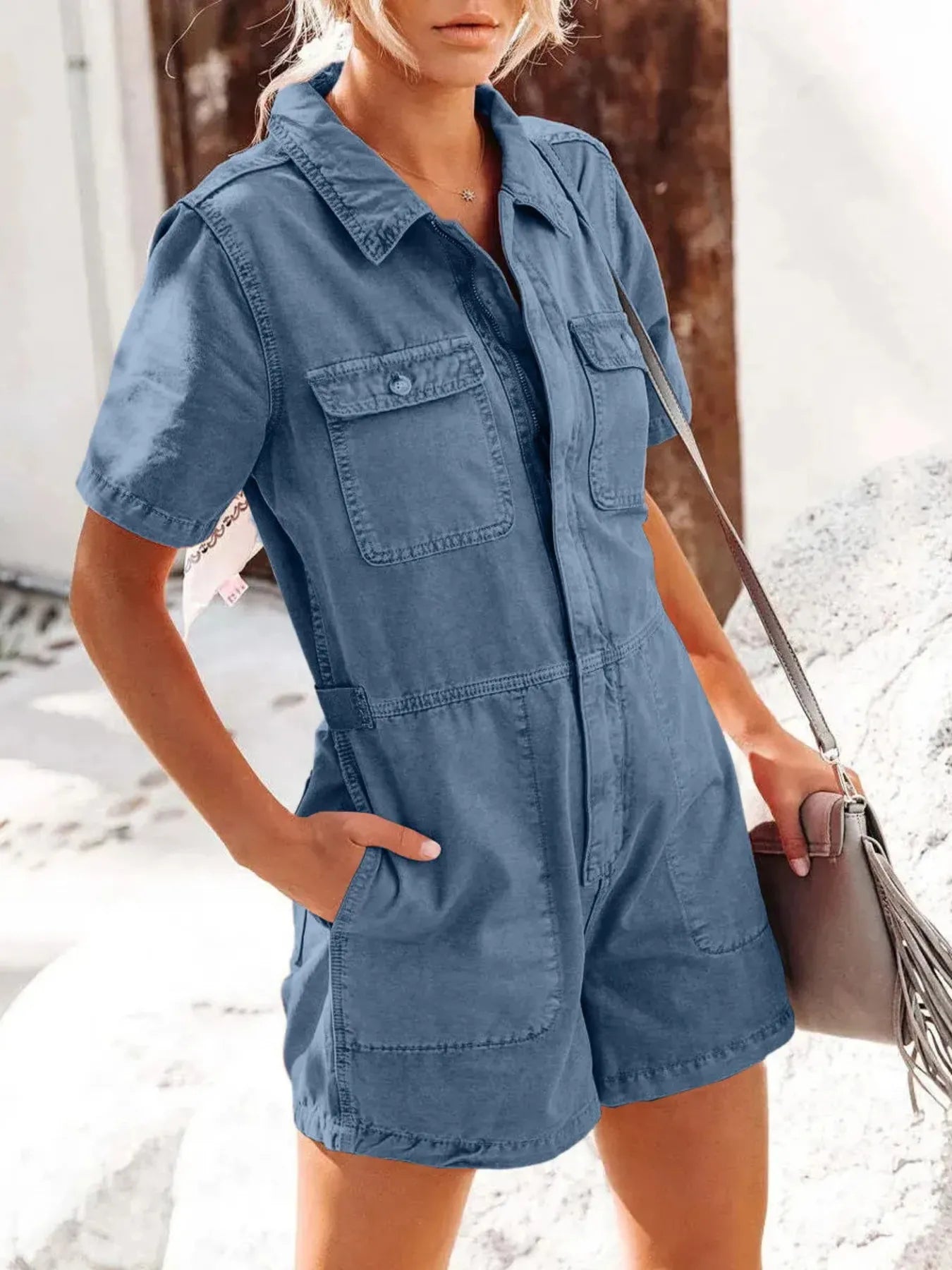 Allegra® | Casual Short Sleeve Denim Romper With Chest Pockets